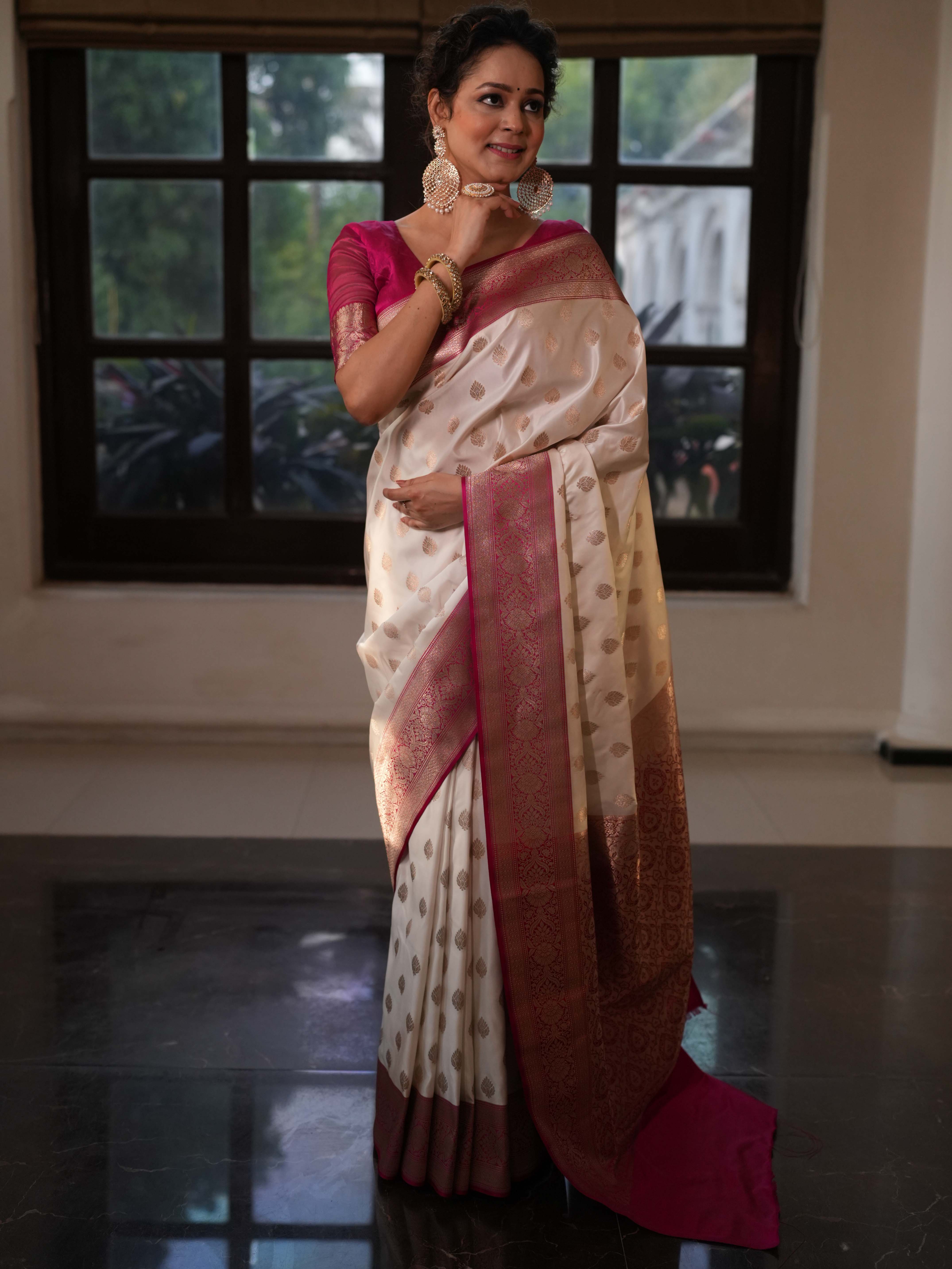 Banarasee Handwoven Semi Katan Saree With Zari Buti & Contrast Border-White & Pink