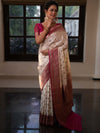 Banarasee Handwoven Semi Katan Saree With Zari Buti & Contrast Border-White & Pink
