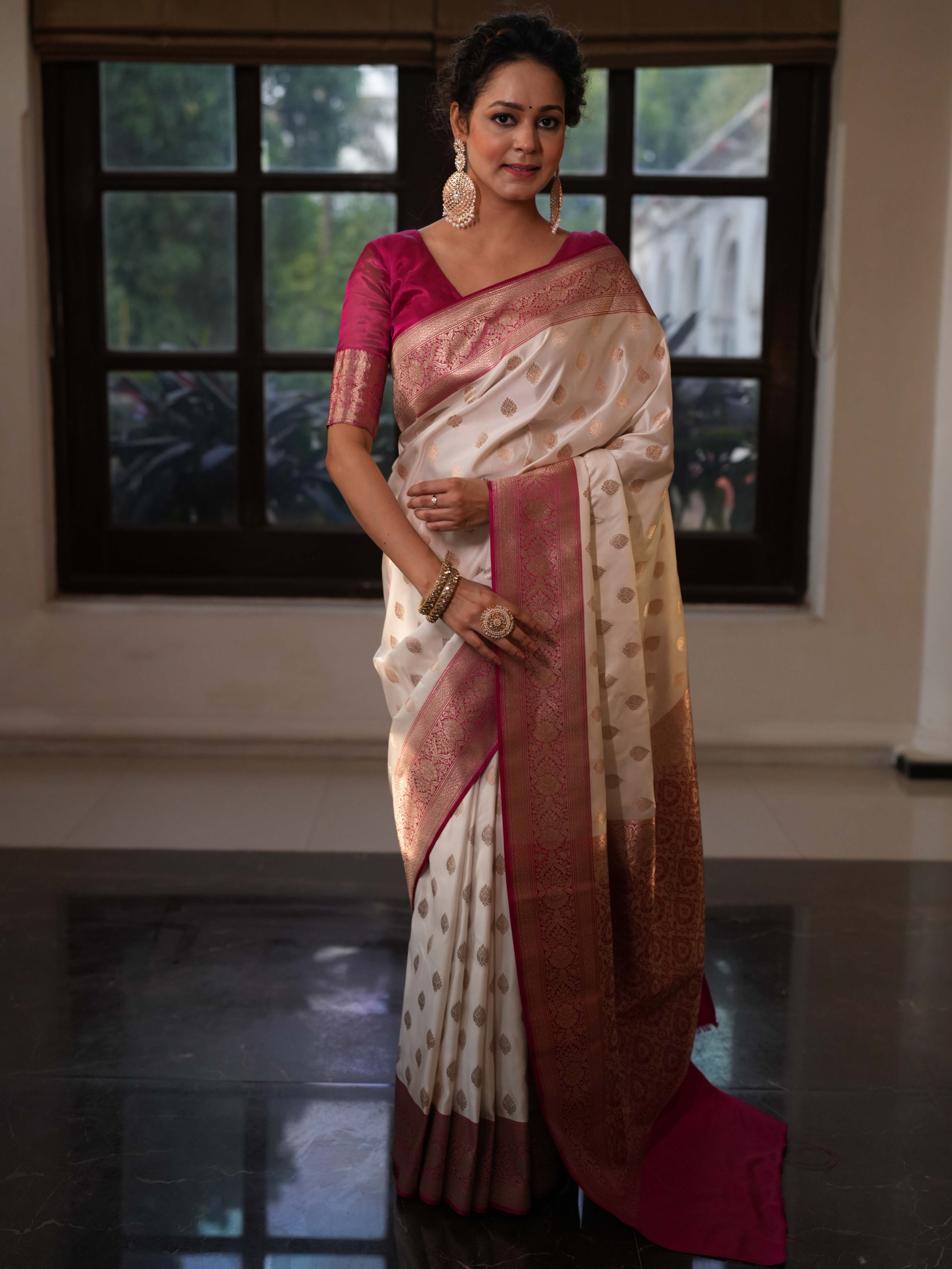 Banarasee Handwoven Semi Katan Saree With Zari Buti & Contrast Border-White & Pink