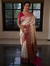 Banarasee Handwoven Semi Katan Saree With Zari Buti & Contrast Border-White & Pink