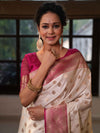 Banarasee Handwoven Semi Katan Saree With Zari Buti & Contrast Border-White & Pink