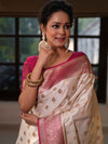 Banarasee Handwoven Semi Katan Saree With Zari Buti & Contrast Border-White & Pink