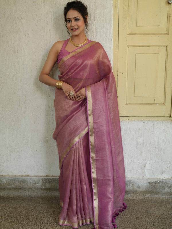 Banarasee Handloom Linen By Tissue Metallic Shine Saree-Pink