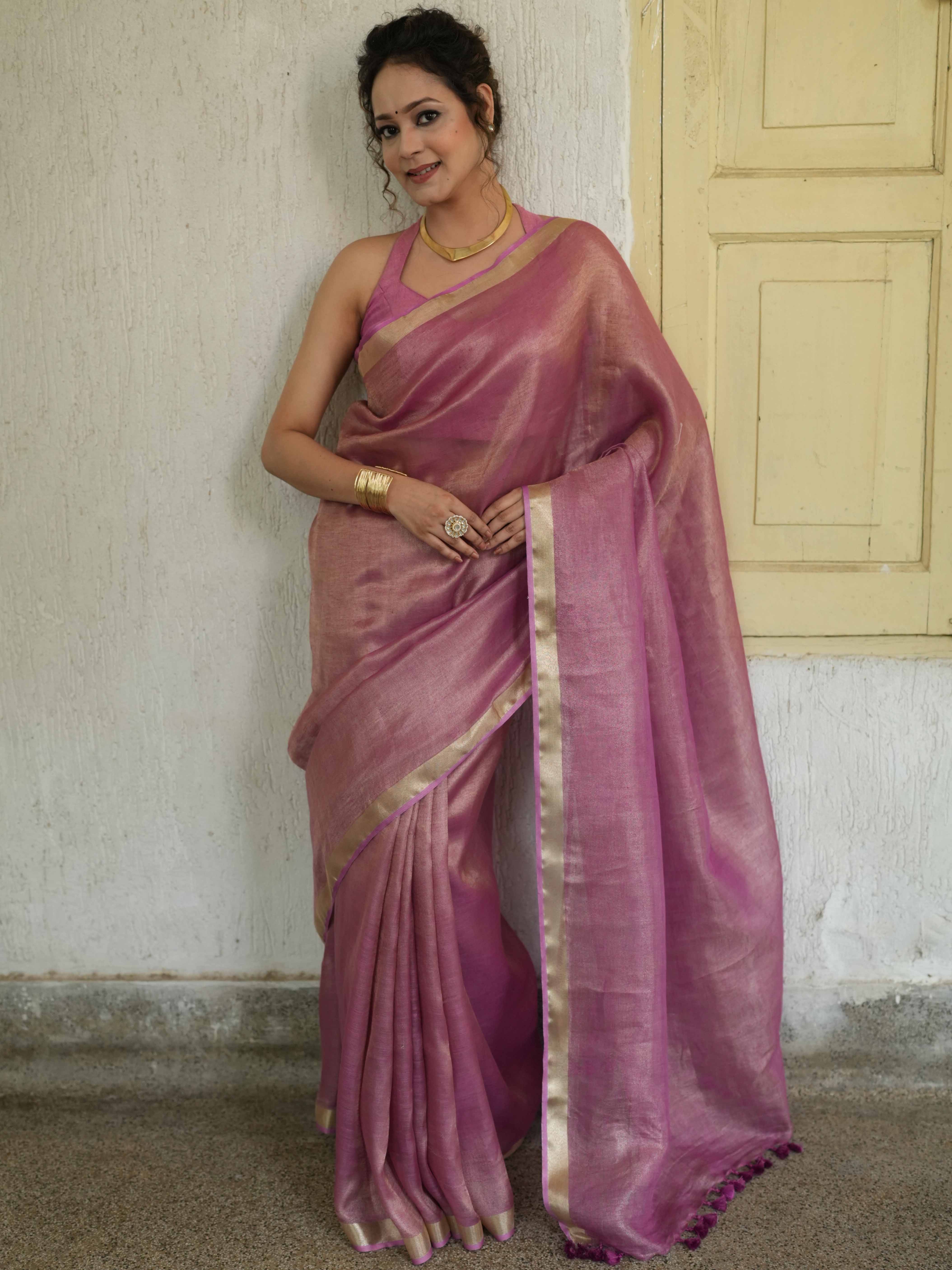 Banarasee Handloom Linen By Tissue Metallic Shine Saree-Pink