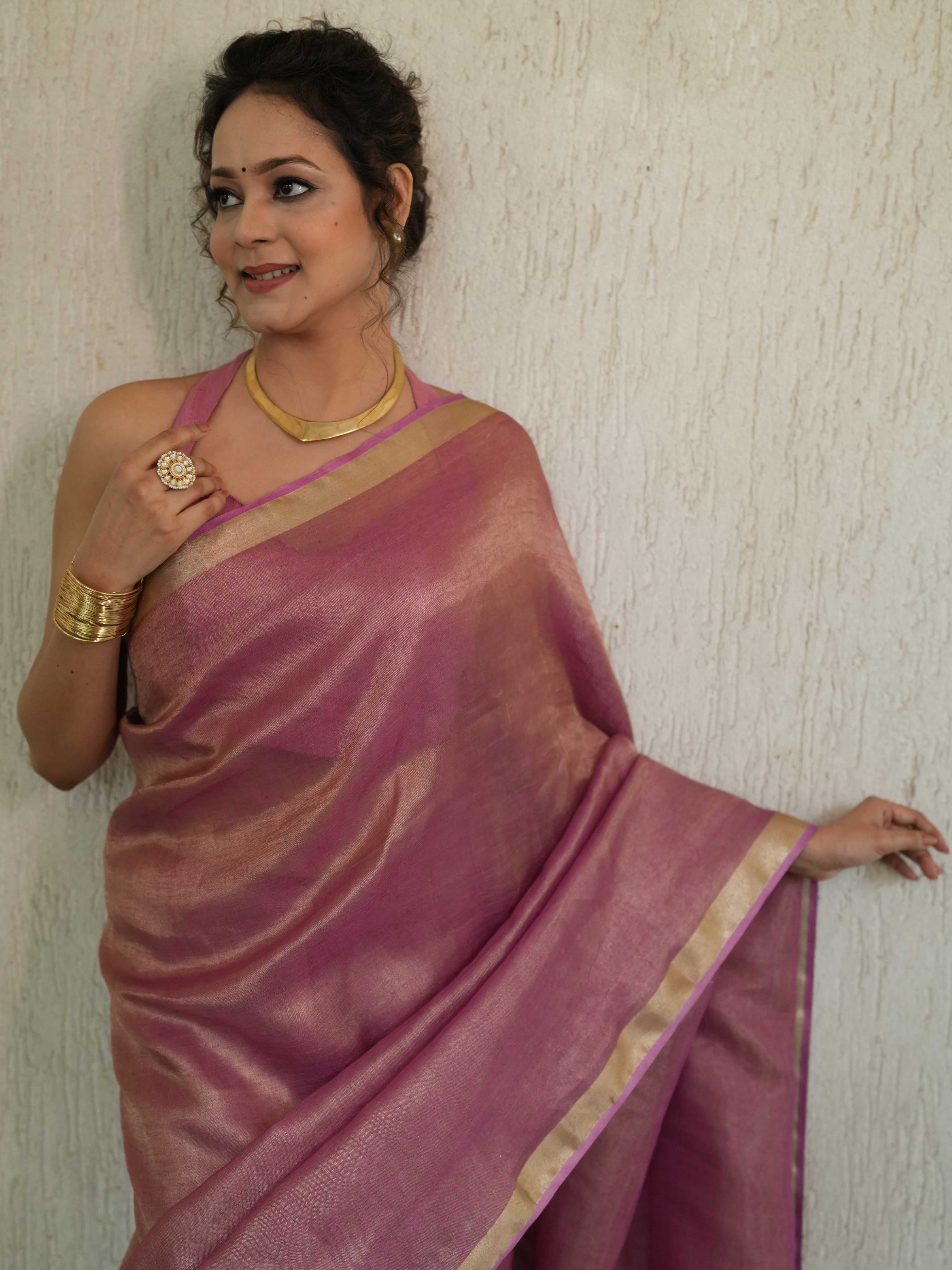 Banarasee Handloom Linen By Tissue Metallic Shine Saree-Pink