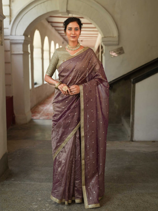 Banarasee Handwoven Mirror Work Crushed Tissue Saree With Lace With Contrast Blouse-Purple