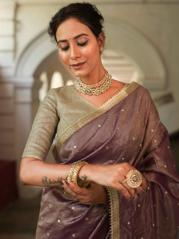 Banarasee Handwoven Mirror Work Crushed Tissue Saree With Lace With Contrast Blouse-Purple