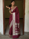 Banarasee Handwoven Faux Georgette Saree With Silver Zari Design-Maroon