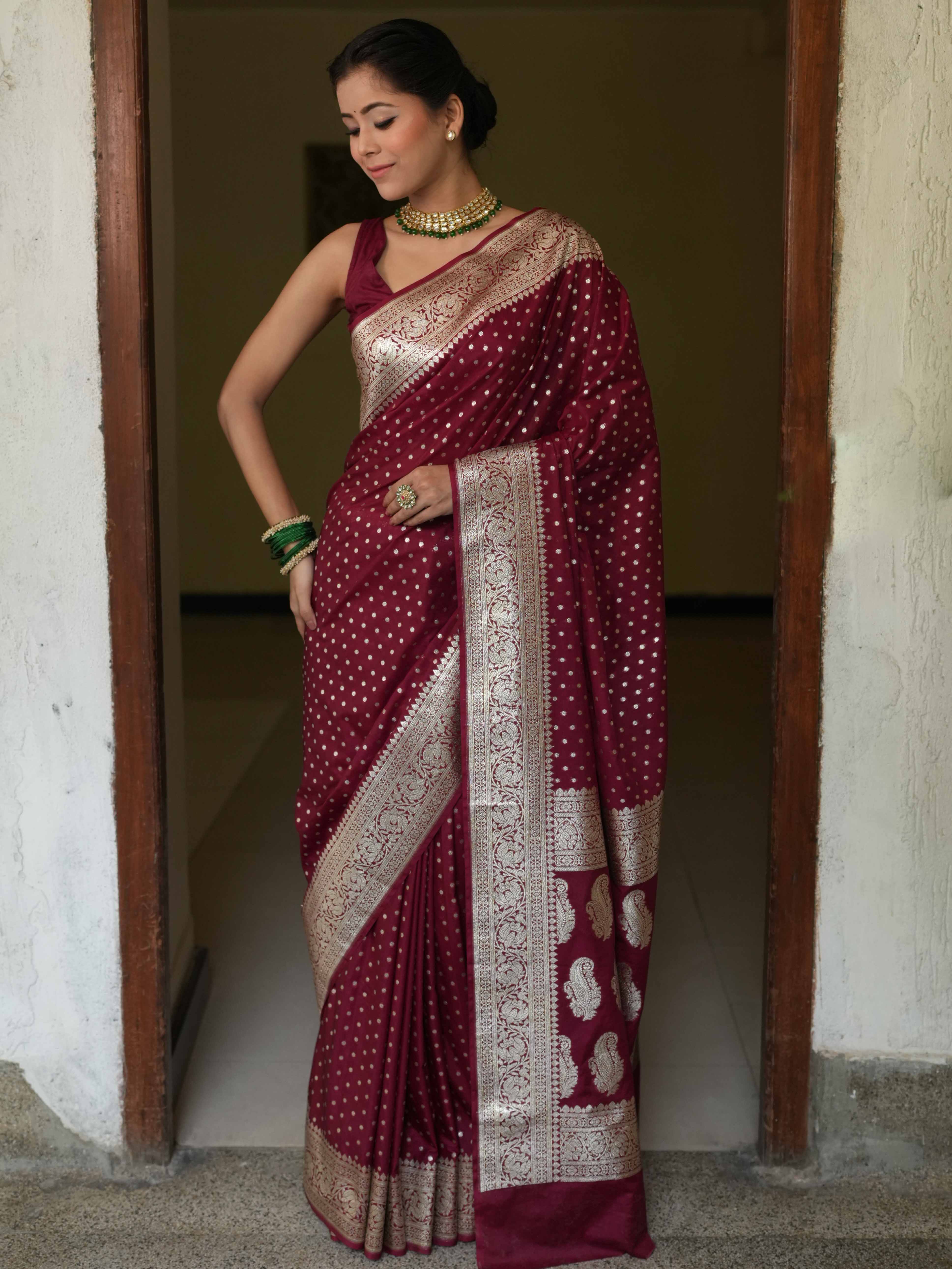 Banarasee Handwoven Faux Georgette Saree With Silver Zari Design-Maroon