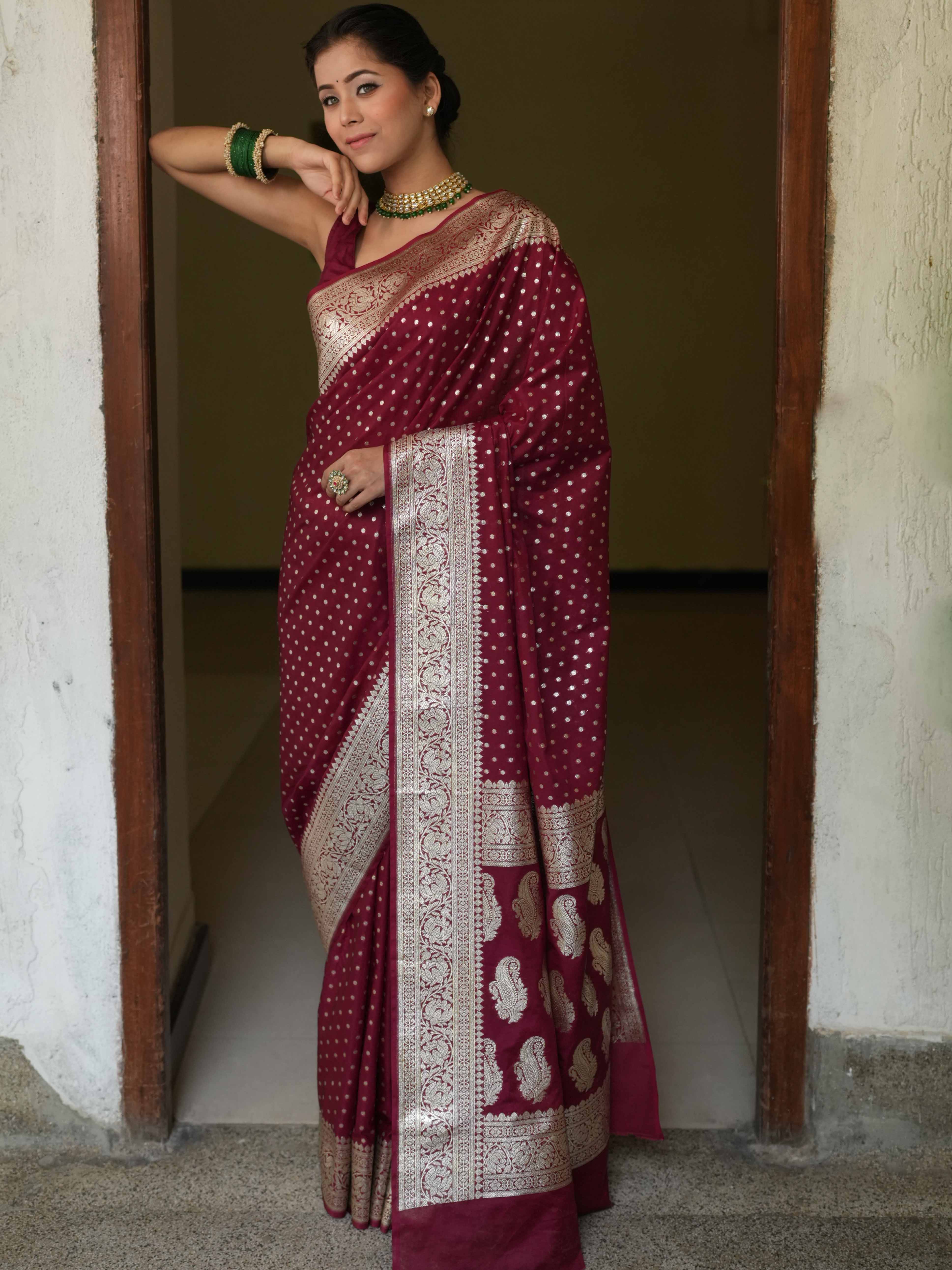 Banarasee Handwoven Faux Georgette Saree With Silver Zari Design-Maroon