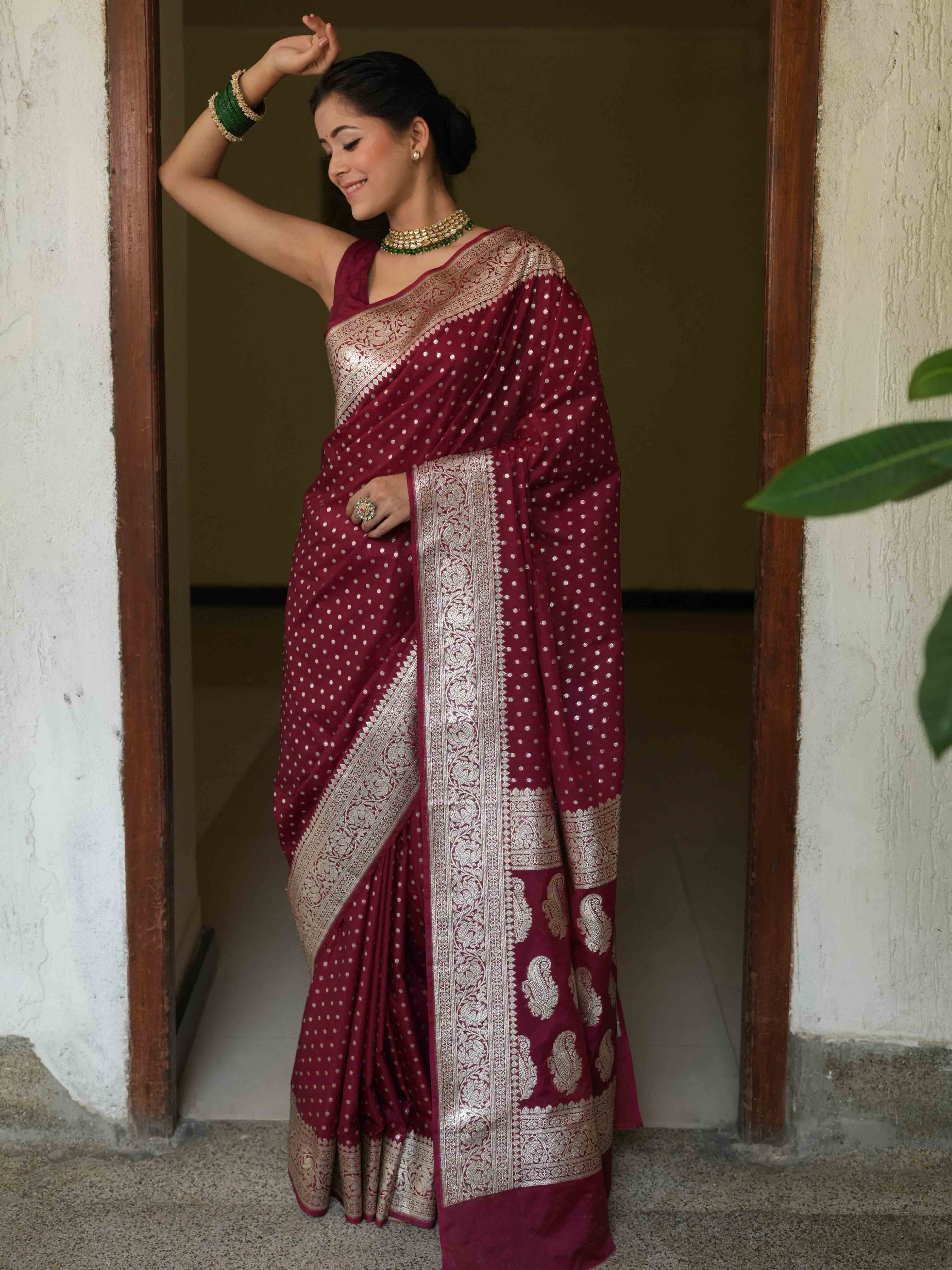 Banarasee Handwoven Faux Georgette Saree With Silver Zari Design-Maroon