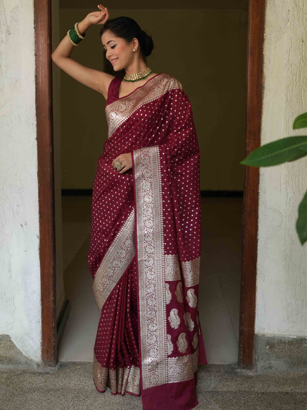 Banarasee Handwoven Faux Georgette Saree With Silver Zari Design-Maroon