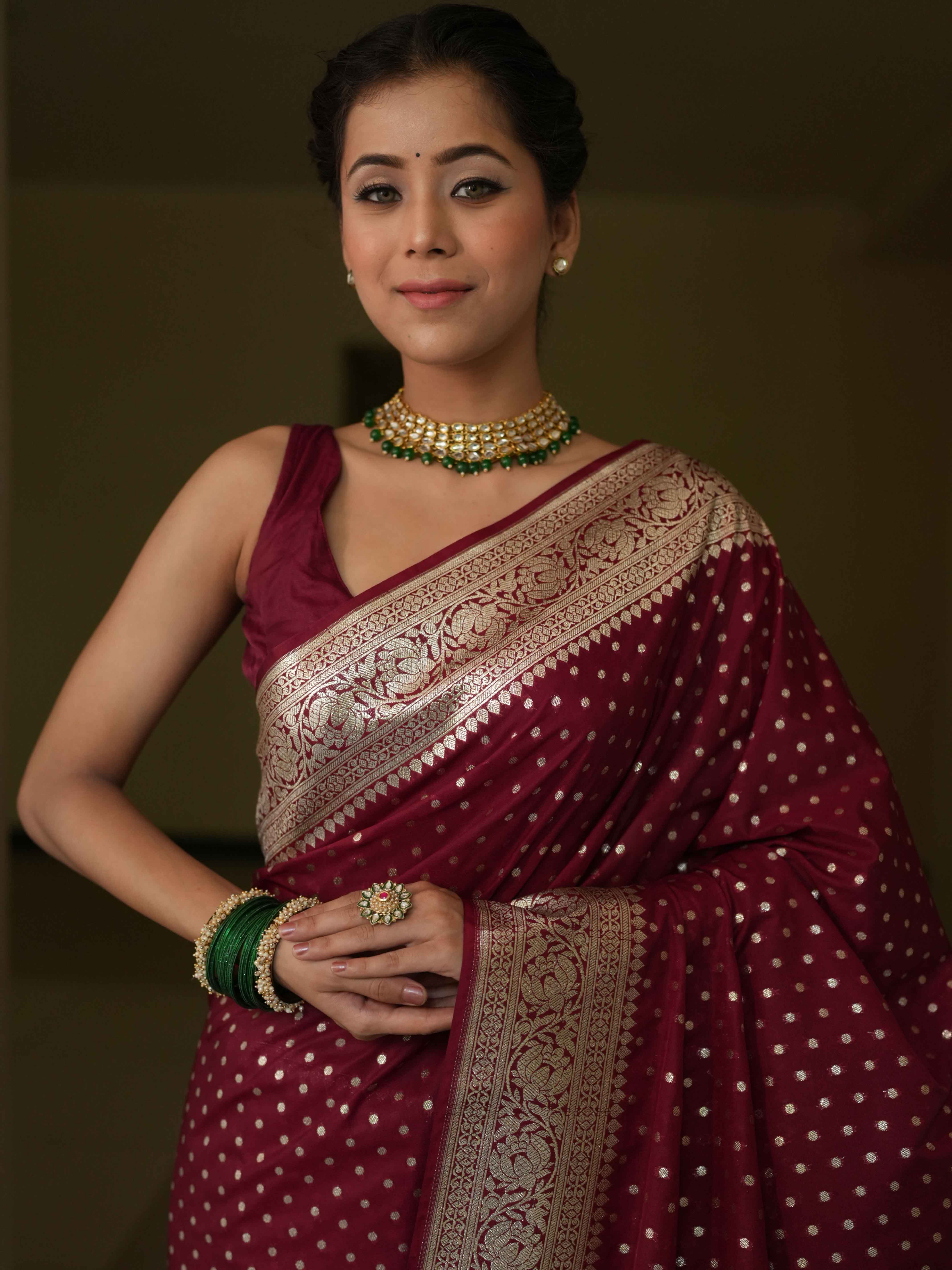 Banarasee Handwoven Faux Georgette Saree With Silver Zari Design-Maroon