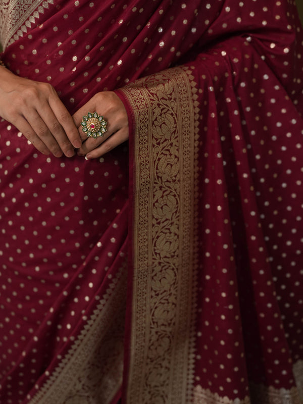 Banarasee Handwoven Faux Georgette Saree With Silver Zari Design-Maroon