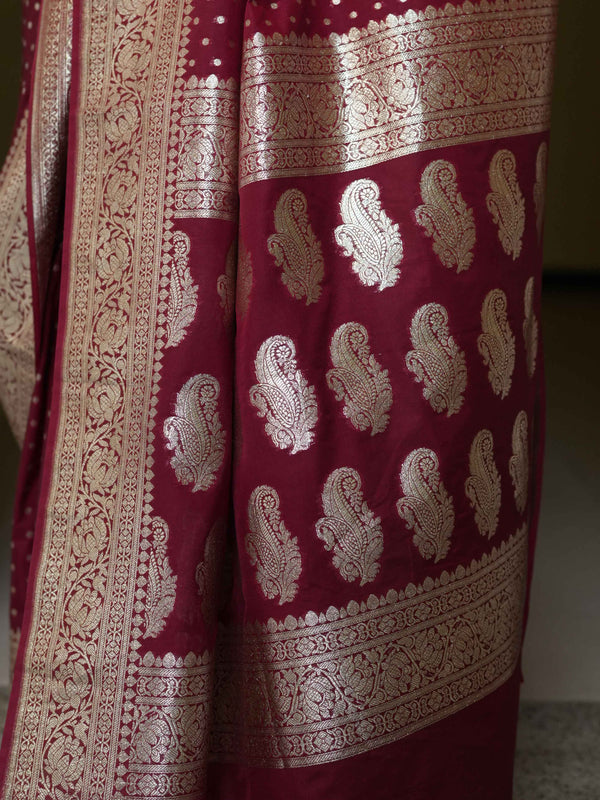 Banarasee Handwoven Faux Georgette Saree With Silver Zari Design-Maroon