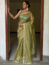 Banarasee Handwoven Mirror Work Crushed Tissue Saree With Lace With Contrast Blouse-Light Green