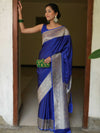 Banarasee Handwoven Semi Katan Plain Saree With Zari Border Design-Royal Blue