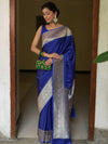 Banarasee Handwoven Semi Katan Plain Saree With Zari Border Design-Royal Blue