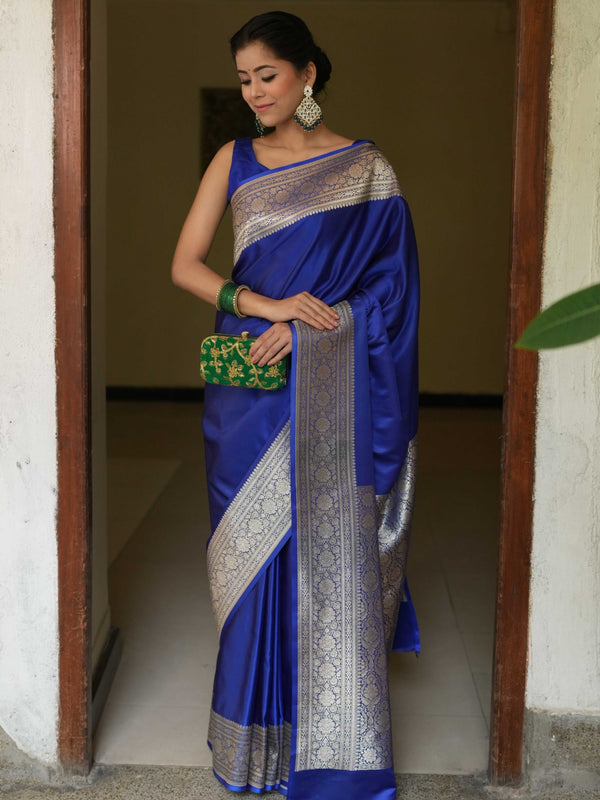 Banarasee Handwoven Semi Katan Plain Saree With Zari Border Design-Royal Blue