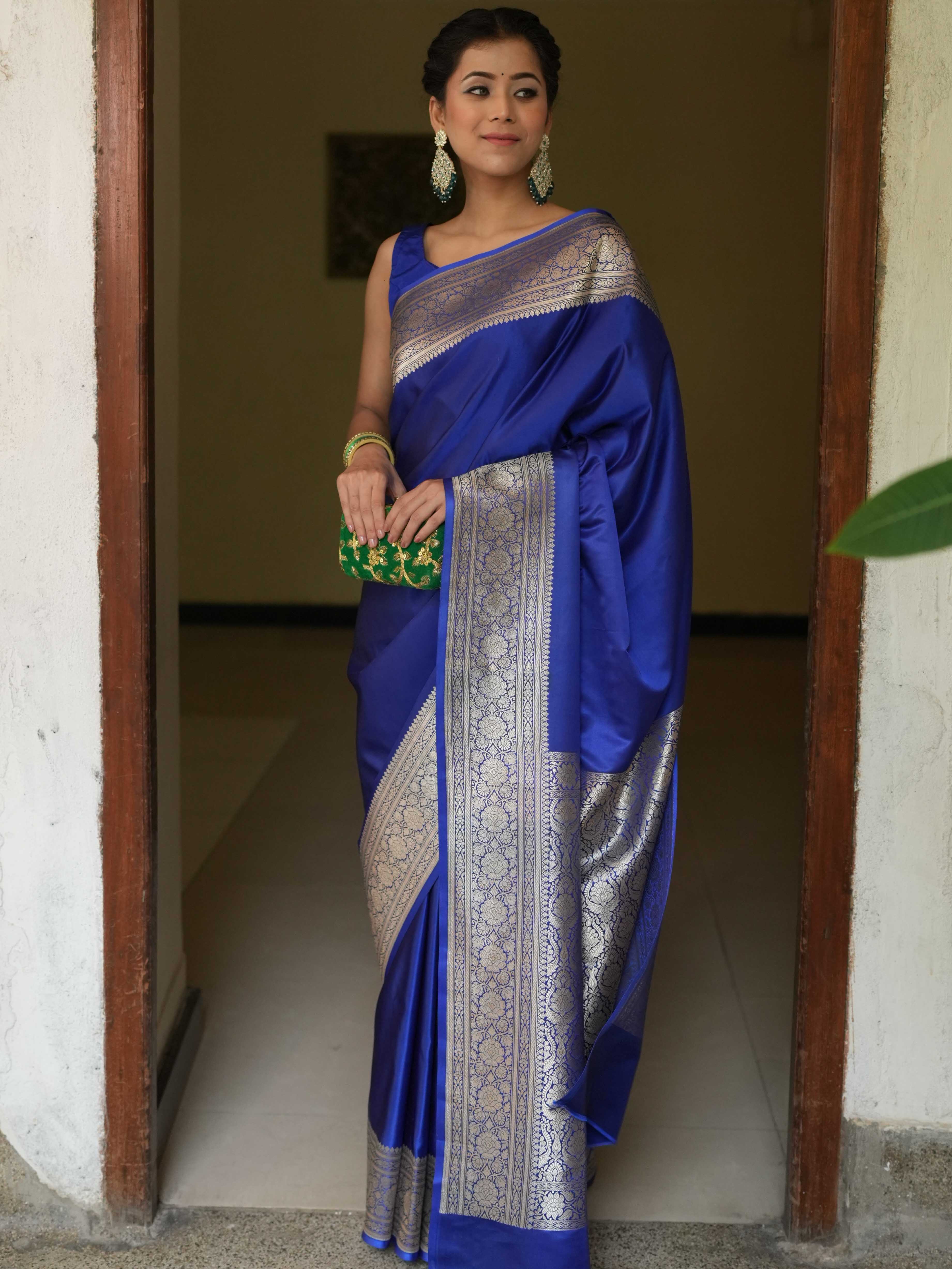 Banarasee Handwoven Semi Katan Plain Saree With Zari Border Design-Royal Blue