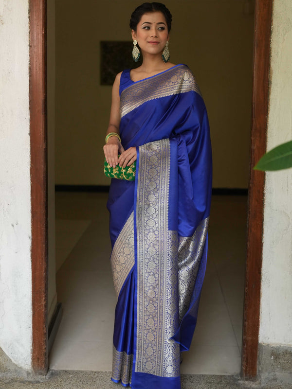 Banarasee Handwoven Semi Katan Plain Saree With Zari Border Design-Royal Blue