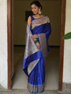 Banarasee Handwoven Semi Katan Plain Saree With Zari Border Design-Royal Blue