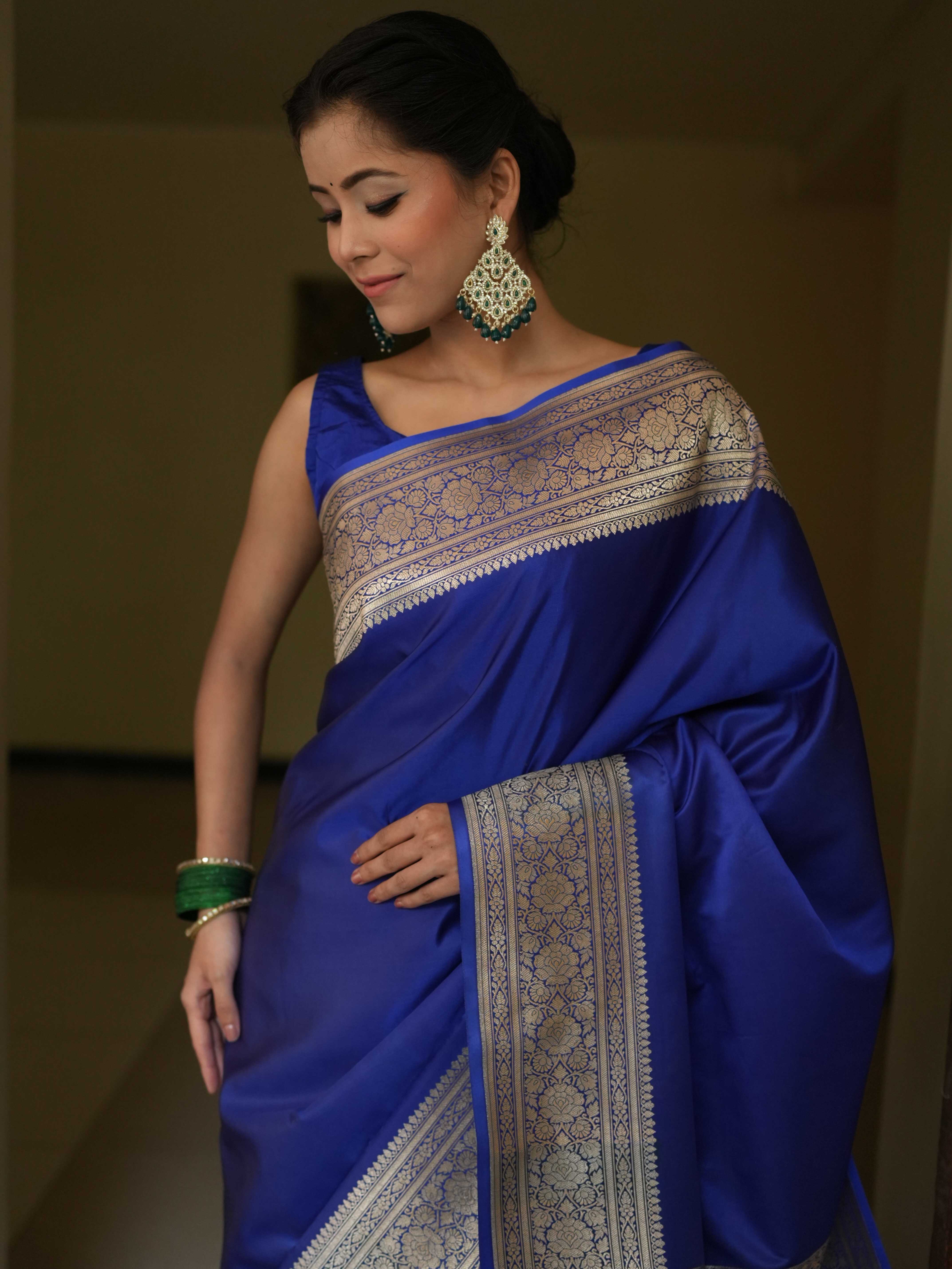 Banarasee Handwoven Semi Katan Plain Saree With Zari Border Design-Royal Blue