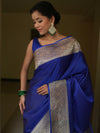 Banarasee Handwoven Semi Katan Plain Saree With Zari Border Design-Royal Blue