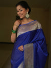 Banarasee Handwoven Semi Katan Plain Saree With Zari Border Design-Royal Blue