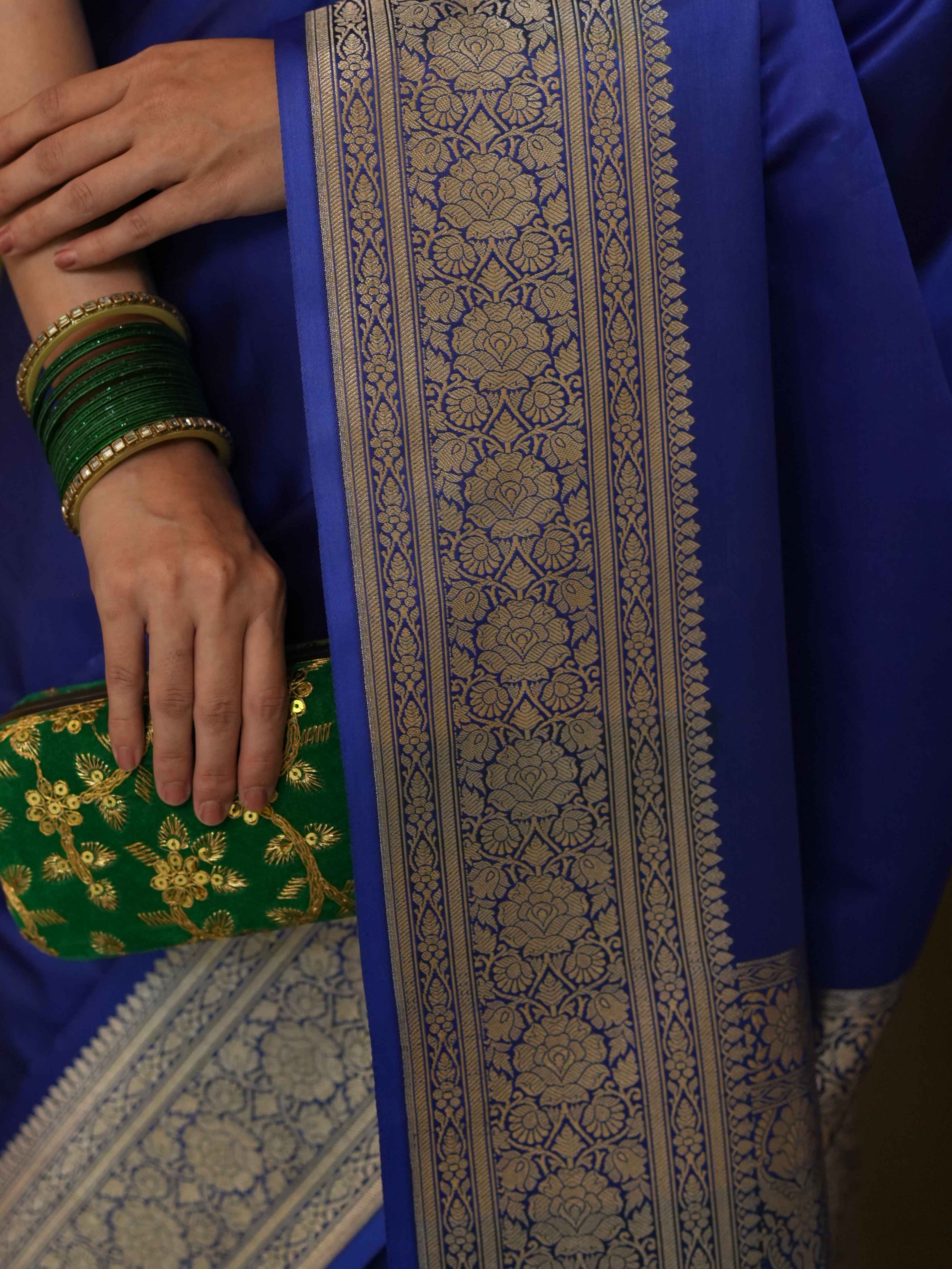 Banarasee Handwoven Semi Katan Plain Saree With Zari Border Design-Royal Blue