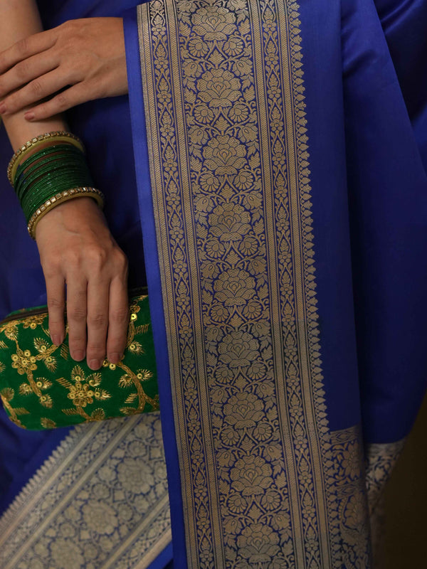 Banarasee Handwoven Semi Katan Plain Saree With Zari Border Design-Royal Blue