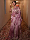 Banarasee Handwoven Mirror Work Crushed Tissue Saree With Lace & Contrast Blouse-Pink