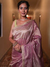 Banarasee Handwoven Mirror Work Crushed Tissue Saree With Lace & Contrast Blouse-Pink