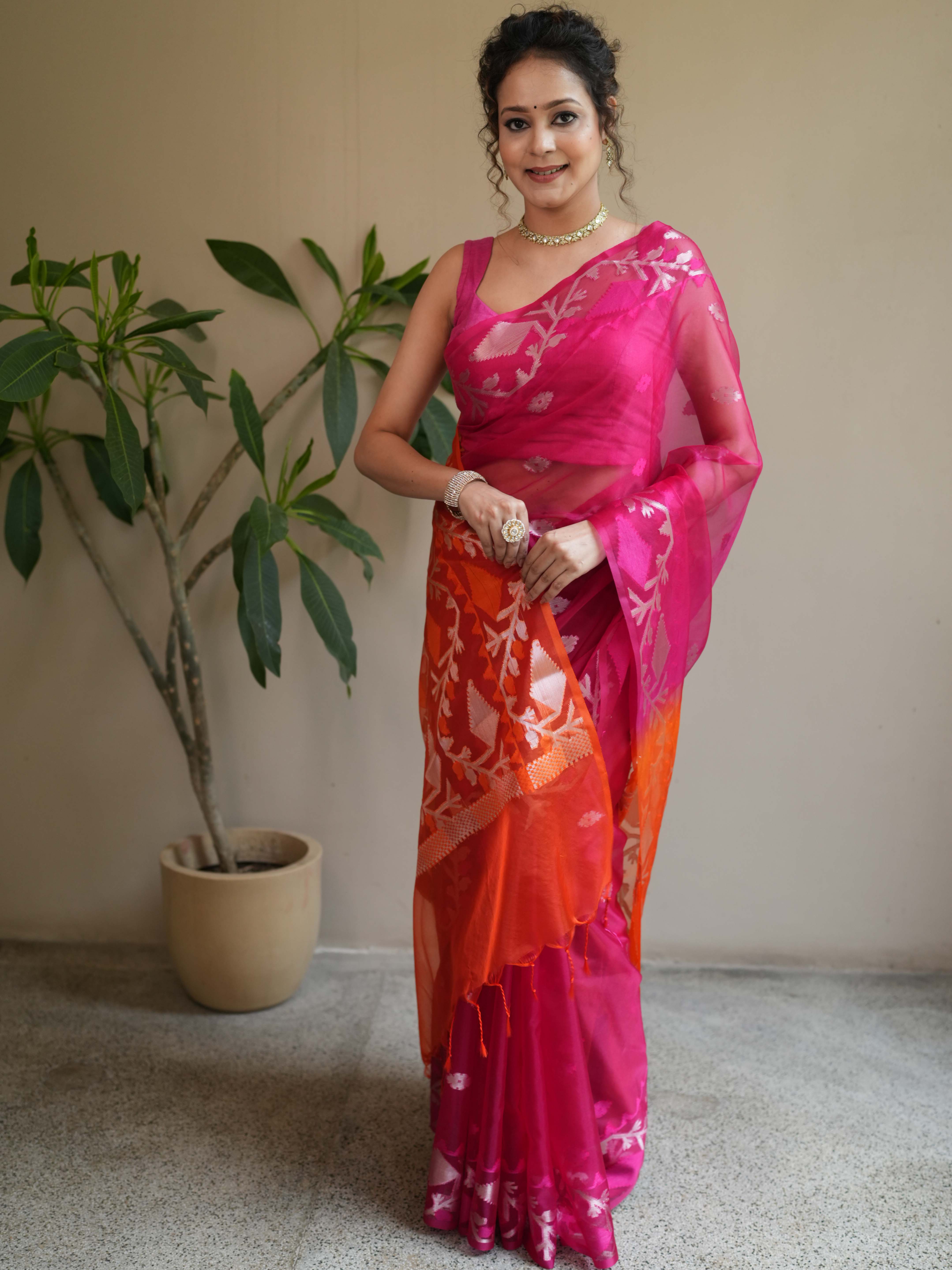 Banarasee Organza Mix Saree With Gold Zari Jaal Design & Dual Color-Pink & Orange