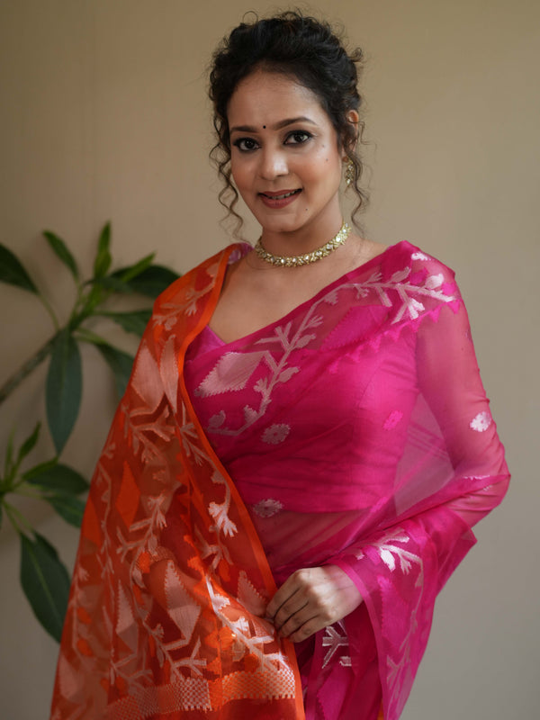 Banarasee Organza Mix Saree With Gold Zari Jaal Design & Dual Color-Pink & Orange