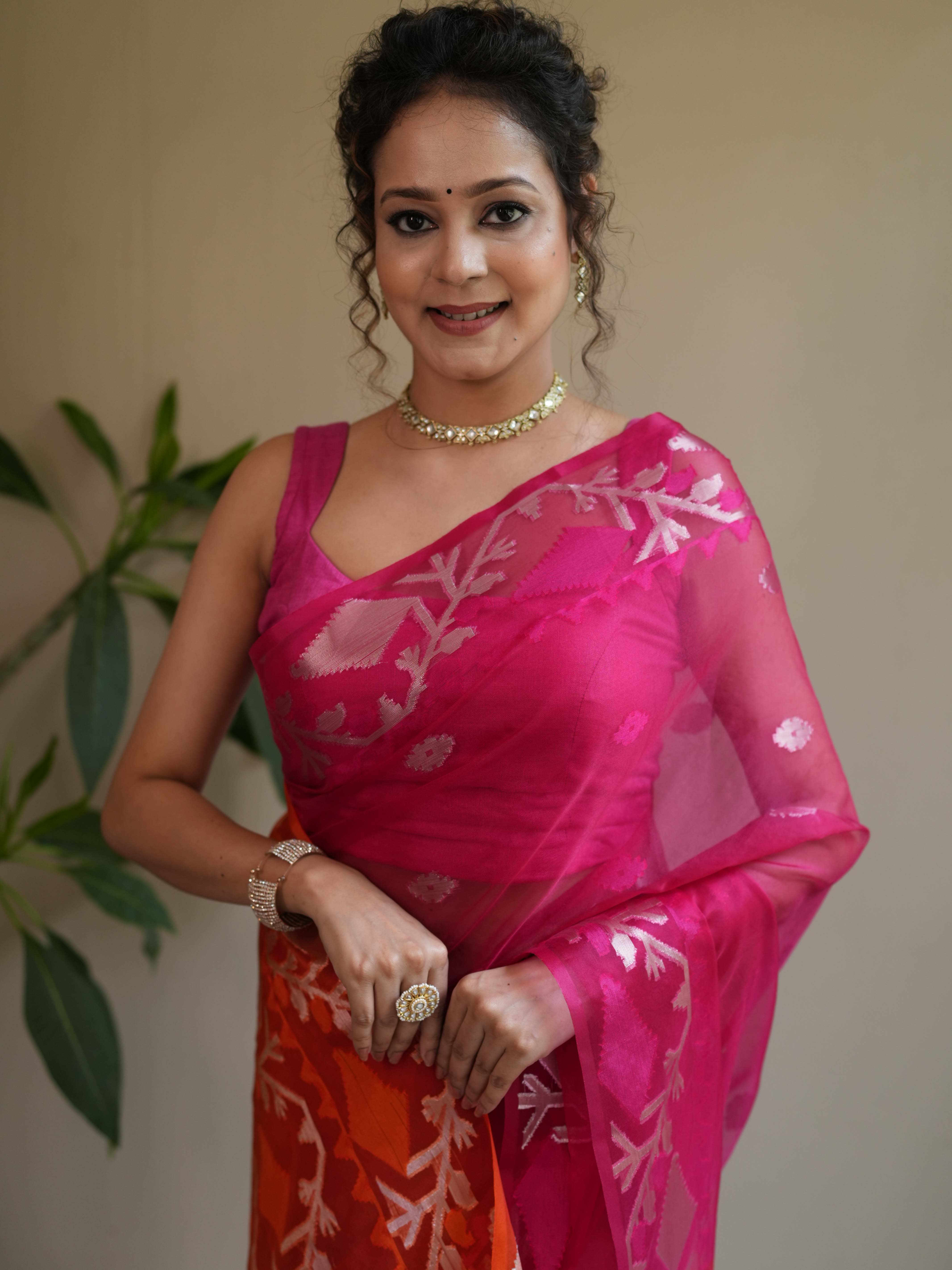 Banarasee Organza Mix Saree With Gold Zari Jaal Design & Dual Color-Pink & Orange