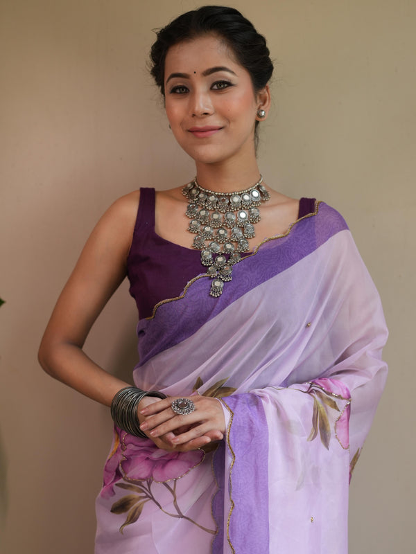 Banarasee Organza Silk Floral Printed Saree With Scallop Border-Purple
