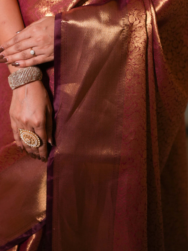 Banarasee Handwoven Tissue Saree Zari Design & Border-Maroon