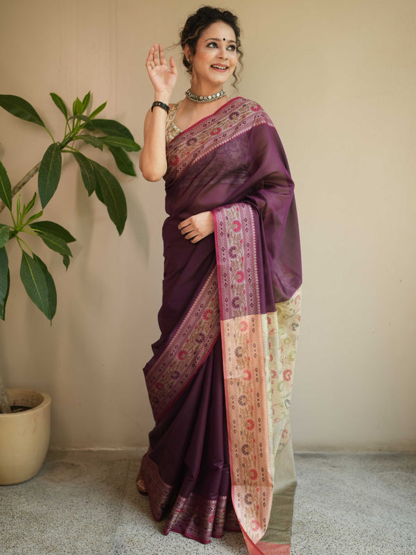 Banarasee Cotton Silk Saree With Resham Border & Pallu-Wine
