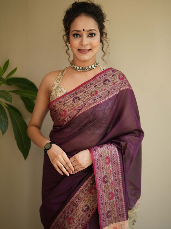 Banarasee Cotton Silk Saree With Resham Border & Pallu-Wine