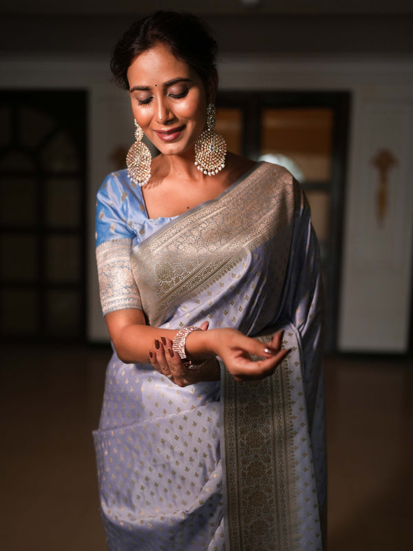 Banarasee Handwoven Semi Katan Saree With Zari Buti & Border Design-Purple
