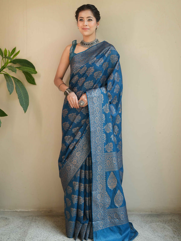 Banarasee Semi-Chiffon Saree With Antique Zari Work-Cobalt Blue