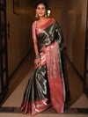 Banarasee Handwoven Tissue Saree Zari Design & Border-Black & Peach