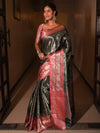 Banarasee Handwoven Tissue Saree Zari Design & Border-Black & Peach