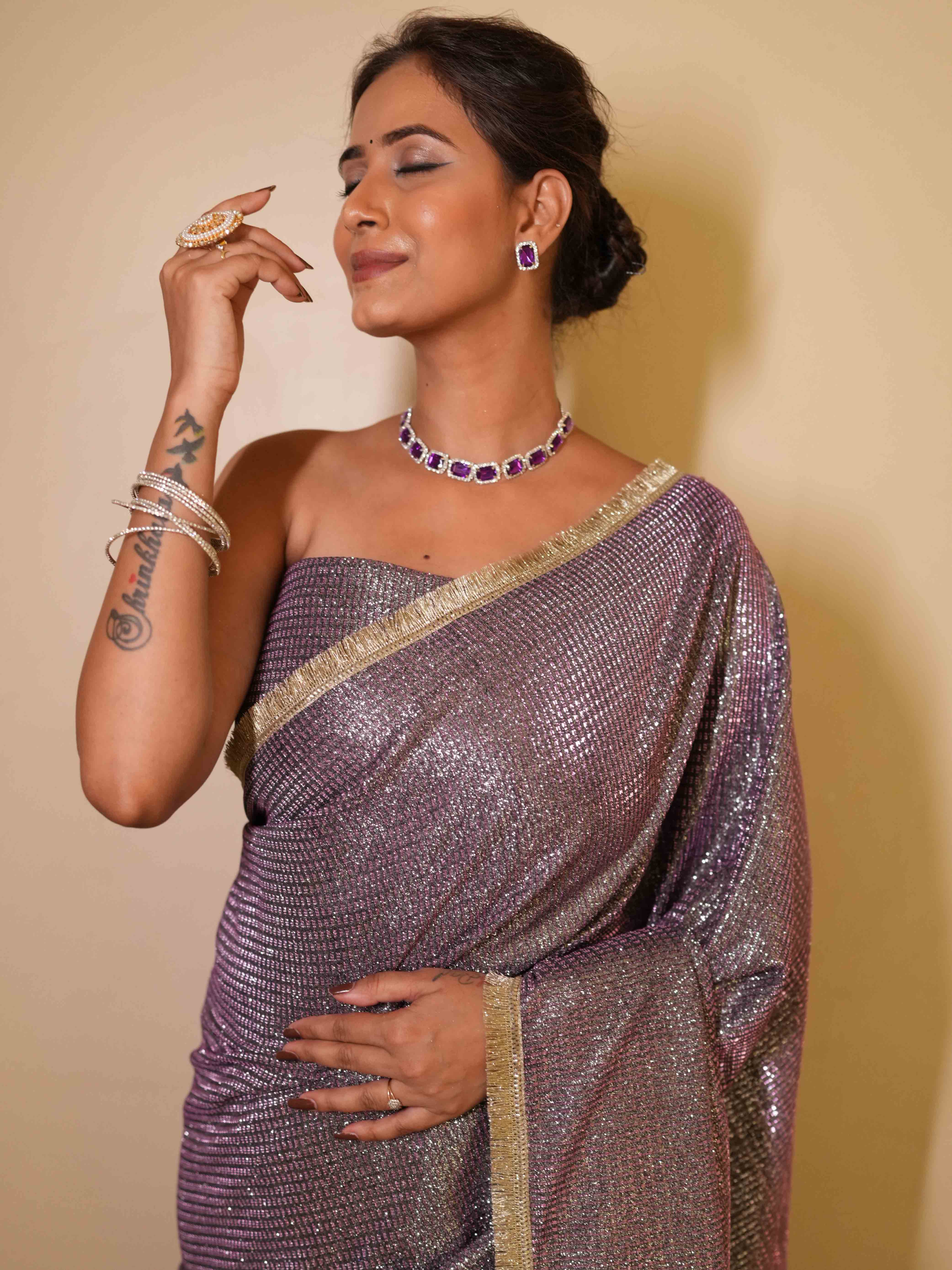 Banarasee Handwoven Tissue Saree With Lace Border-Purple