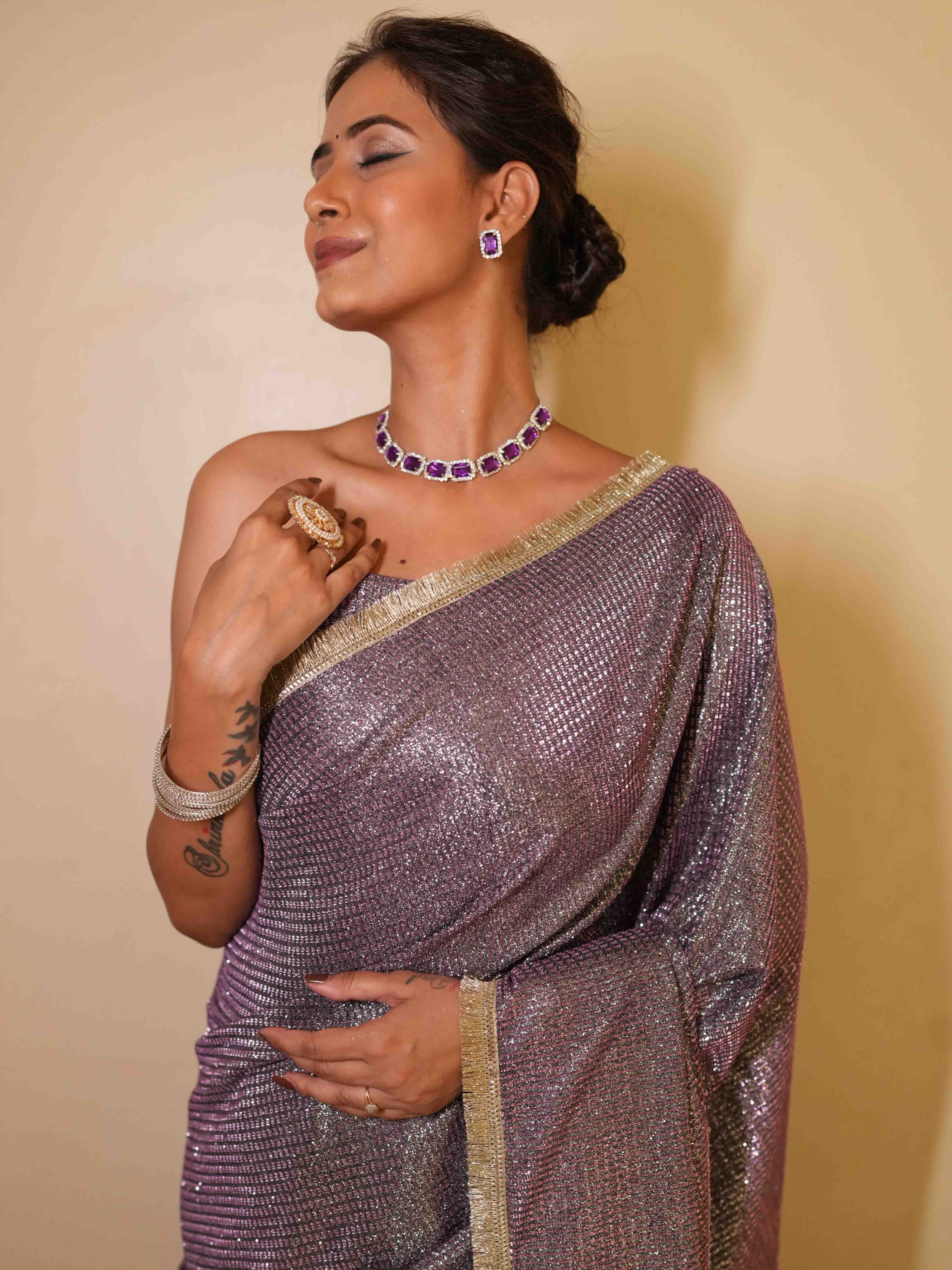 Banarasee Handwoven Tissue Saree With Lace Border-Purple