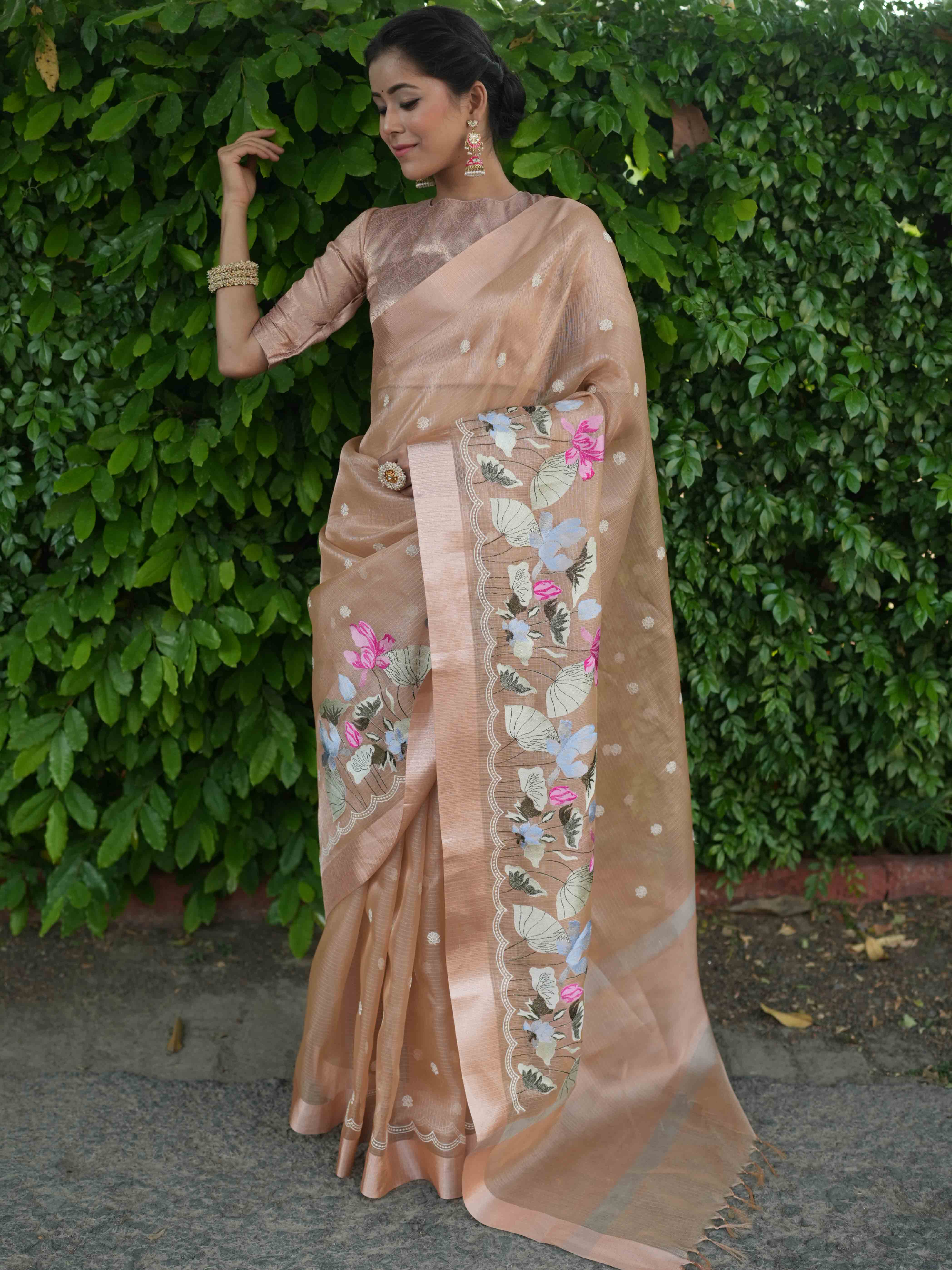Banarasee Handwoven Tissue Saree With Embroidered Design & Zari Border-Rose Gold