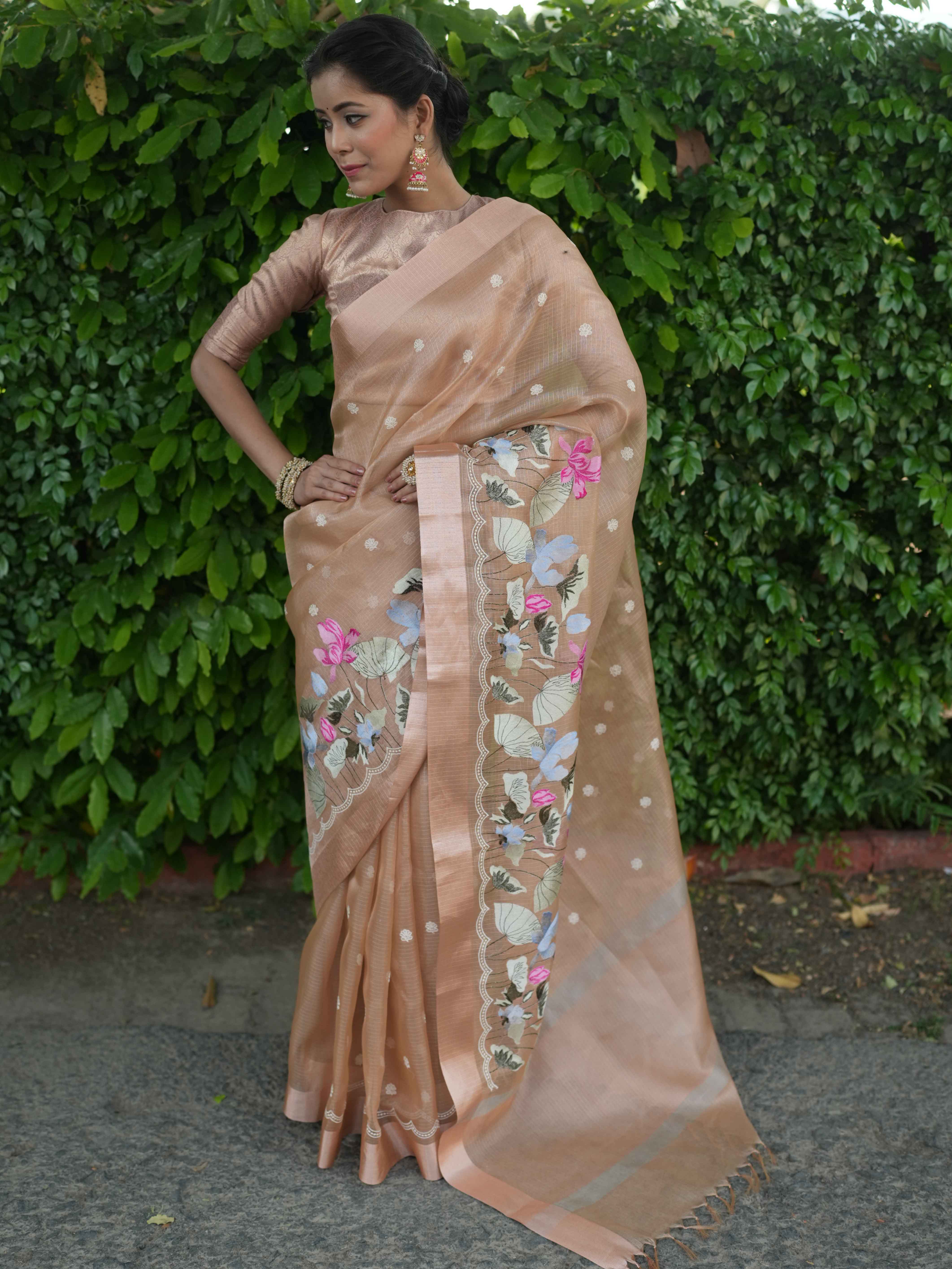 Banarasee Handwoven Tissue Saree With Embroidered Design & Zari Border-Rose Gold