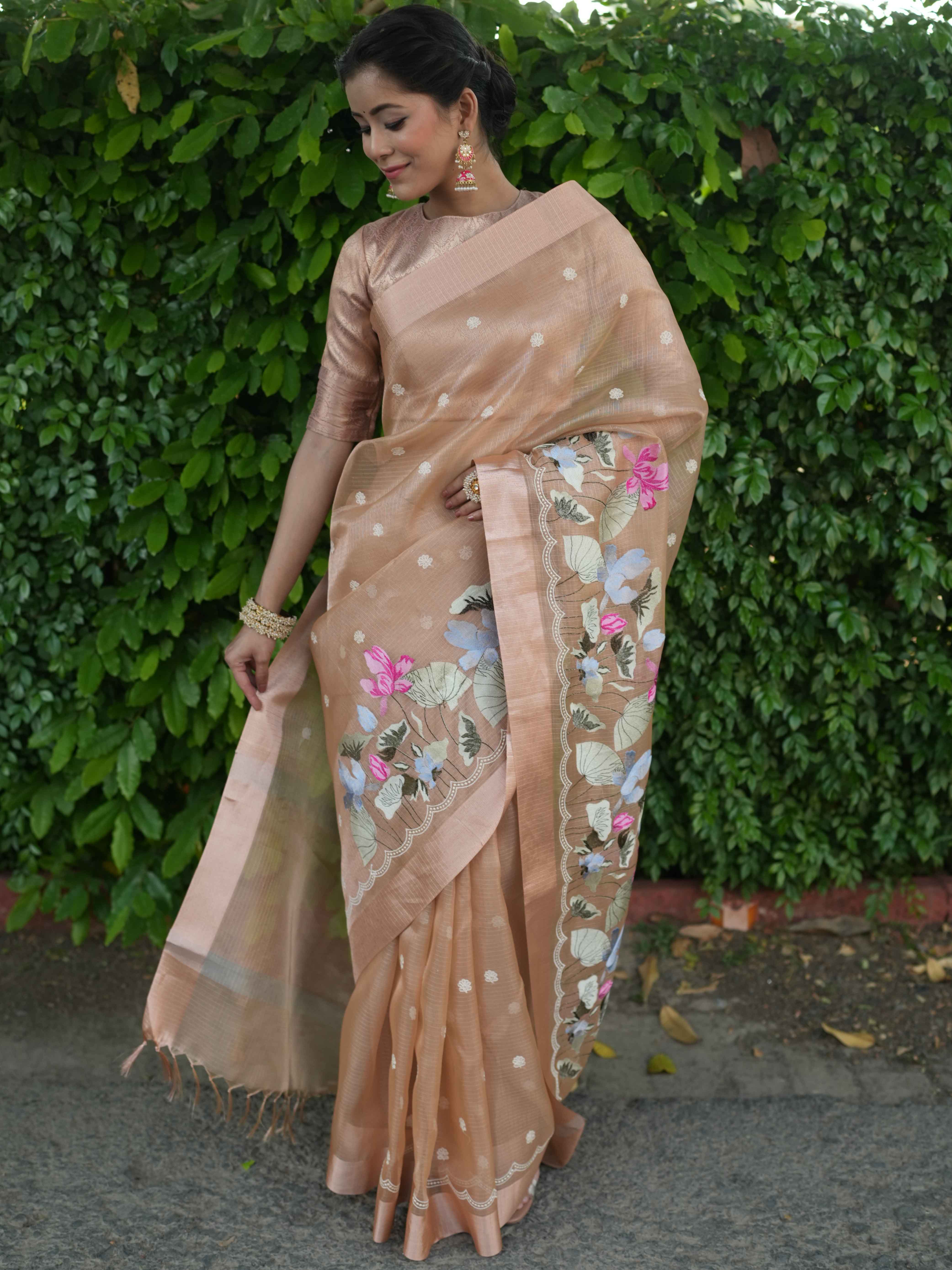 Banarasee Handwoven Tissue Saree With Embroidered Design & Zari Border-Rose Gold