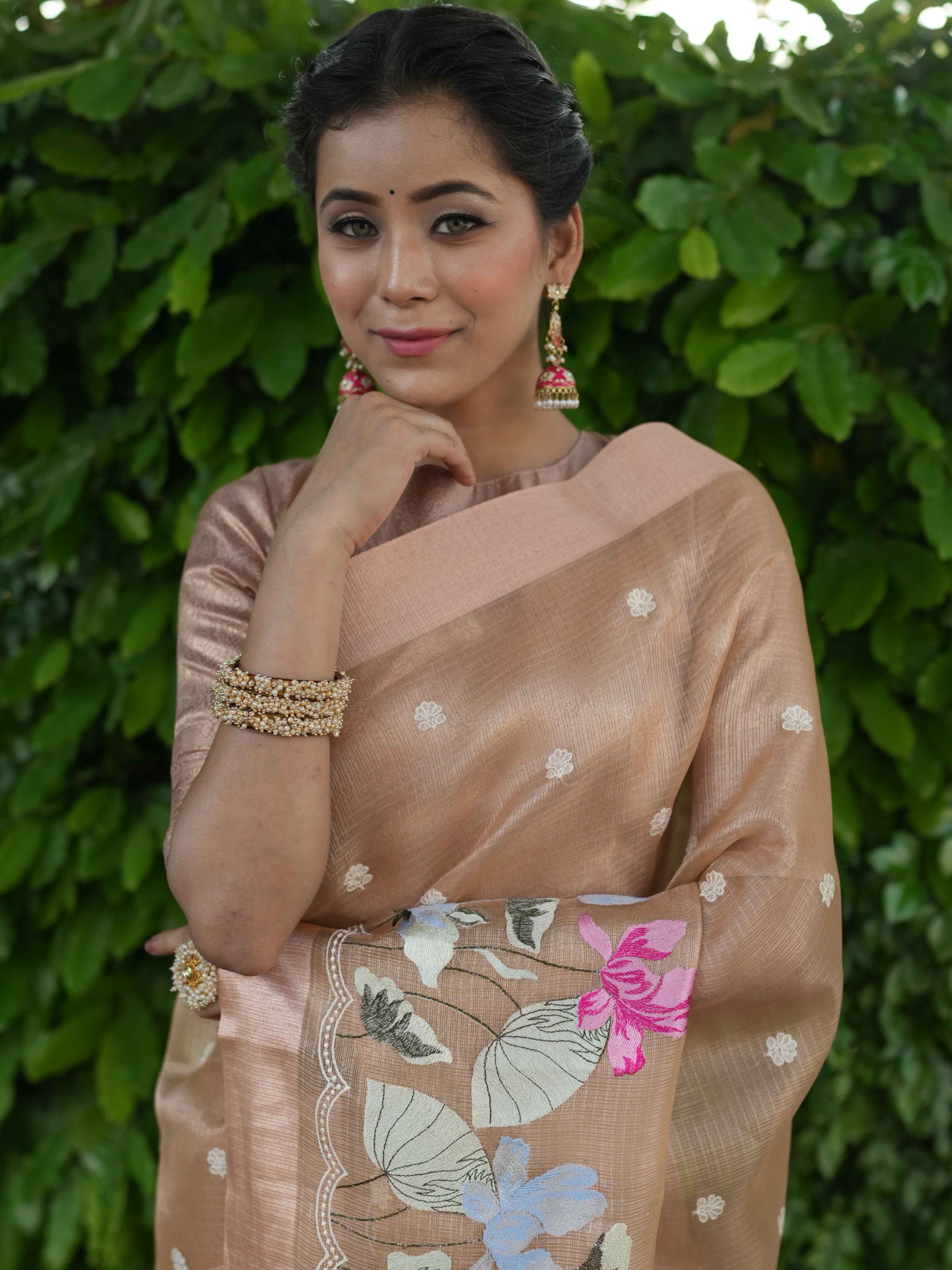 Banarasee Handwoven Tissue Saree With Embroidered Design & Zari Border-Rose Gold